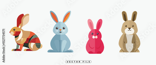 Four Colorful Cartoon Rabbits on a White Background Vector Illustration