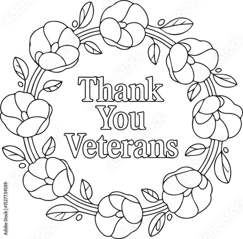 Elegant Floral Wreath Thank You Veterans Black and White Vector Design, Veterans Day Flower Wreath Illustration for Tribute and Appreciation, Patriotic Floral Frame with Thank You Veterans Text