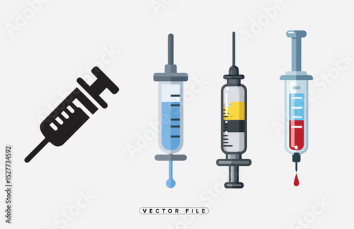 Syringe Vector Illustration Set With Different Colored Liquid and Black Symbol