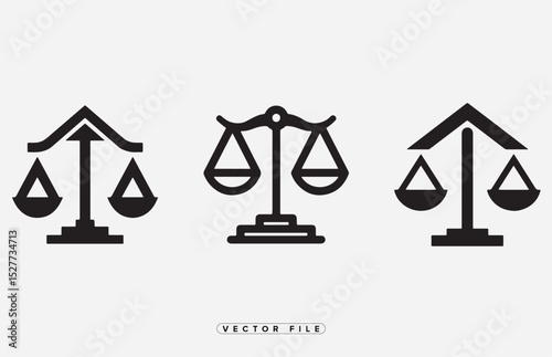 Three Scales of Justice Icons in Black on White Background Vector