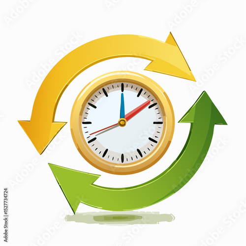 Clock with arrows illustrating the concept of time and circular motion on white background