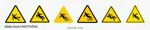 Set of Slippery Surface Warning Signs in Yellow Triangle Shape