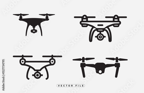 Drone Silhouette Vector Icons Set Quadcopter Illustration Aerial Photography Concept