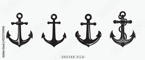 Set of Nautical Anchors in Black Silhouette Style on White Background