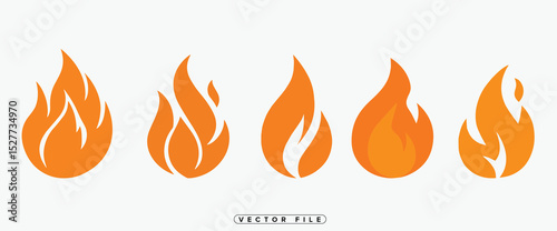Set of Five Orange Fire Flame Icons on White Background