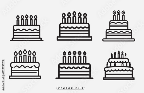 Collection of Birthday Cake Icons with Candles in Simple Line Style