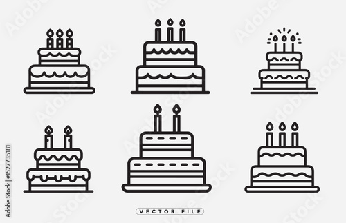 Collection of Birthday Cake Icons with Candles in Outline Style