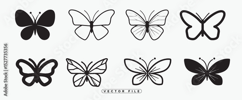 Set of Eight Butterfly Vector Icons in Black and White Style