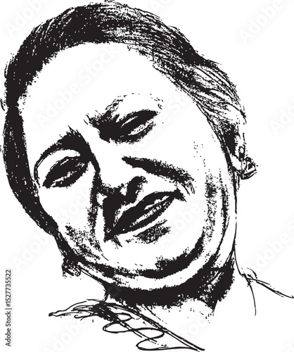 monochrome sketch of a woman's face in saree with their head tilted and an expression of discomfort or a grimace, rendered in a raw, textured style