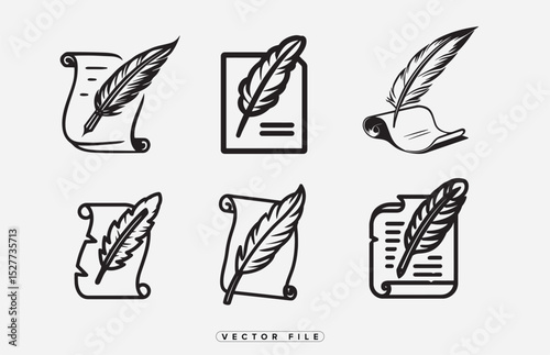 Quill Pen and Paper Icons Set Writing Letter Document Feather