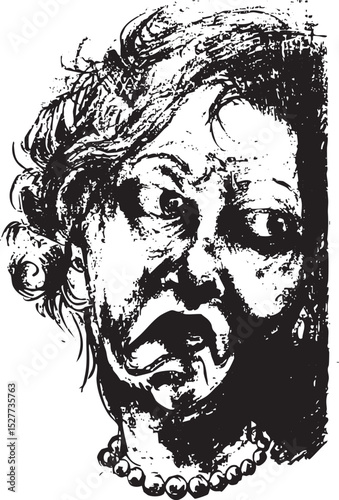 monochrome sketch of a woman's mad face with a shocked or disgusted expression, featuring textured hair and a pearl necklace