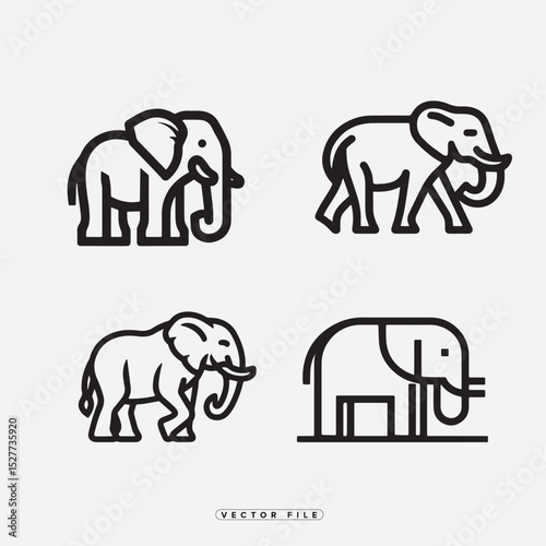 Set of Four Elephant Icons in a Simple Line Style