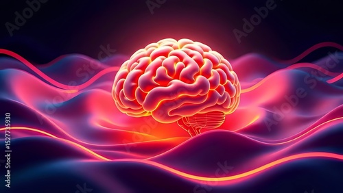 A Glowing Brain Surrounded by Smooth Waves and Neon Lines, Representing Deep Focus and Creativity, Digital Art, Suitable for Tech or Productivity Visuals