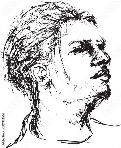 sketch of a person's head looking upwards with eyes closed, conveying a sense of emotional release or profound feeling.
