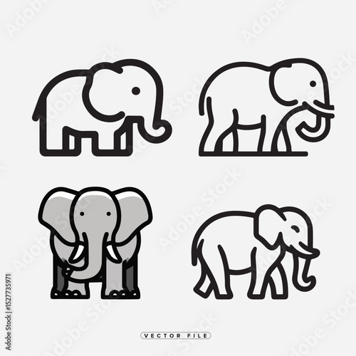 Four Elephant Icons in Different Styles on a White Background