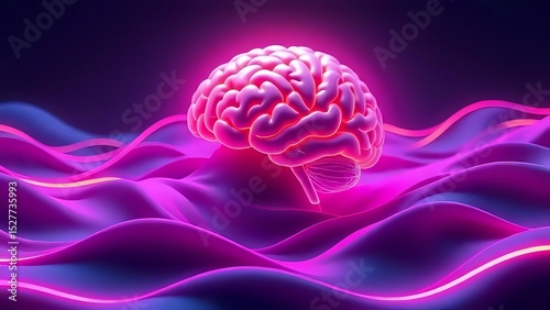 A Glowing Brain Surrounded by Smooth Waves and Neon Lines, Representing Deep Focus and Creativity, Digital Art, Suitable for Tech or Productivity Visuals