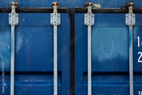 Blue shipping container for storage close up photo