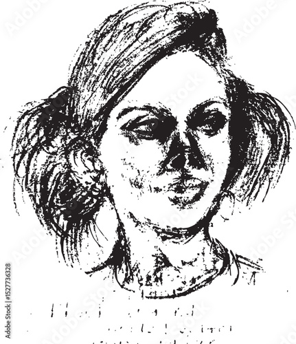 sketch of a woman's face with textured hair styled in pigtails, looking directly forward with a subtle smile, rendered in a raw and expressive style