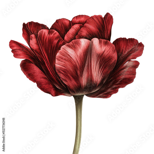 A single dark red tulip with white streaks and a green stem isolated on a black background art