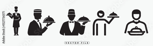 Set of Waiter Icons in Different Styles Holding a Tray