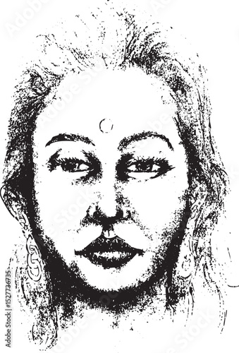 A high-contrast, monochrome sketch of a woman's face with textured hair, distinct facial features including an earing and nose ring, and a forehead mark on the forehead
