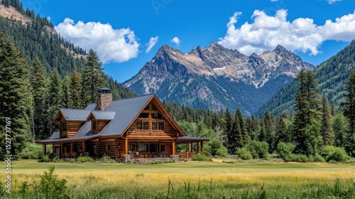 Log cabin nestled in valley, mountains backdrop