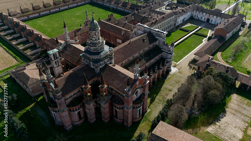 Aerial view of the Certosa di Pavia, built in the late fourteenth century, courts and the cloister of the monastery and shrine in the province of Pavia, Lombardia, Italy