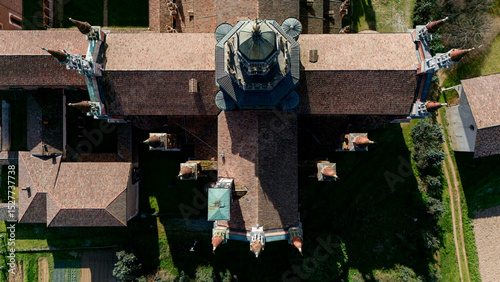 Aerial view of the Certosa di Pavia, built in the late fourteenth century, courts and the cloister of the monastery and shrine in the province of Pavia, Lombardia, Italy