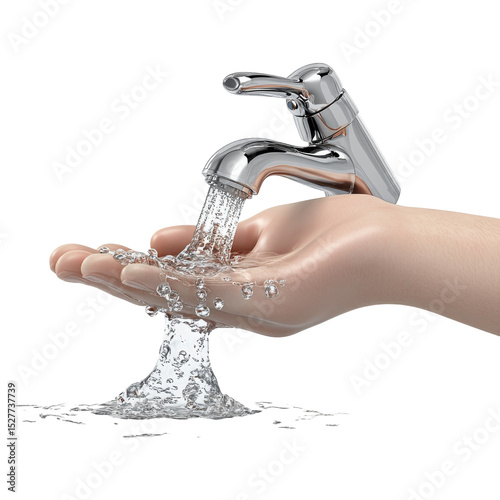 Silver faucet pours pristine water into cupped hand symbol of conservation on transparent background