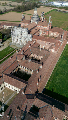 Aerial view of the Certosa di Pavia, built in the late fourteenth century, courts and the cloister of the monastery and shrine in the province of Pavia, Lombardia, Italy