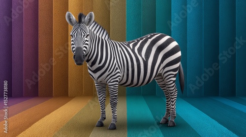 Zebra animal with stripes in abstract wave patterns black and white background colorful environment