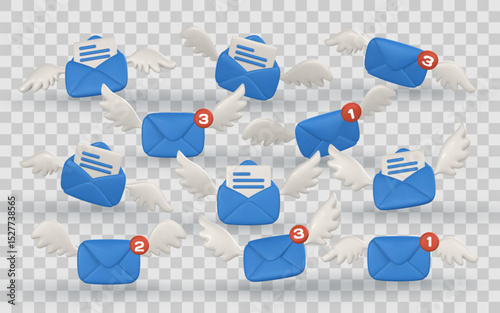 Flying Email Icons with Notification Badges and Wings in 3D Style, Ideal for Message Alerts, Communication Apps, and Web UI Elements. Vector Illustration