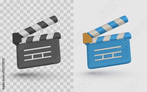 Movie Clapperboard Icon 3D Render – Cinema, Film, or Video Production Symbol in Cartoon Style on Transparent and White Background. Vector Illustration