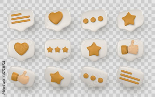 3D Chat Bubble Icons With Like, Star, Heart, and Message Symbols in Glossy Cartoon Style for Social Media UI and App Design on Transparent Background. Vector Illustration