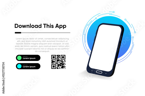 Isometric smartphone with blank screen, QR code, download prompt, and buttons. Modern app design, clean background.
