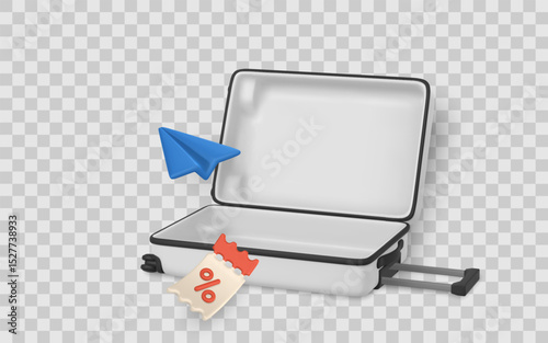 Open Travel Suitcase with Discount Ticket and Paper Airplane in 3D Style – Creative Vacation or Promo Concept on Transparent Background. Vector Illustration