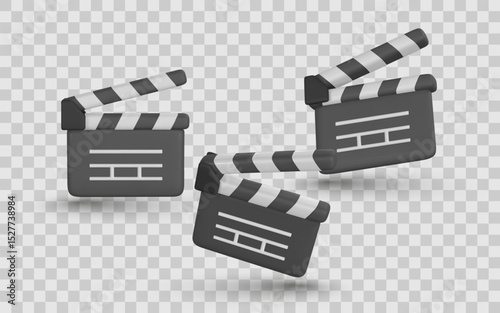 Movie Clapperboard Icon Set in 3D Cartoon Style. Film Industry Symbols for Video Production, Cinema, and Editing Projects. Creative Media Assets Pack. Vector Illustration