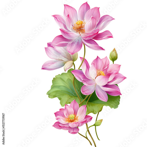 A watercolor painting of pink lotus flowers with green leaves on a black isolated background art piece