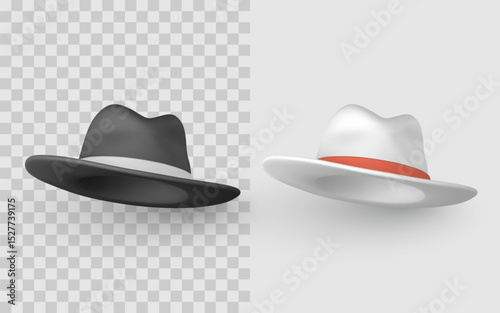 Black Hat and White Hat with Colored Bands on Transparent and Gray Backgrounds. Realistic Fedora Style Design. Classic Gangster or Detective Look. Vector Illustration