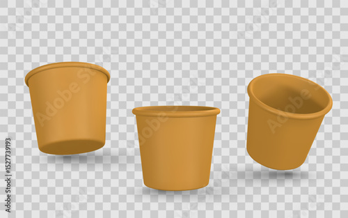 Realistic 3D Empty Plastic Cups in Brown Color on Transparent Background. Perfect for Food Packaging and Branding Mockups. Vector Illustration