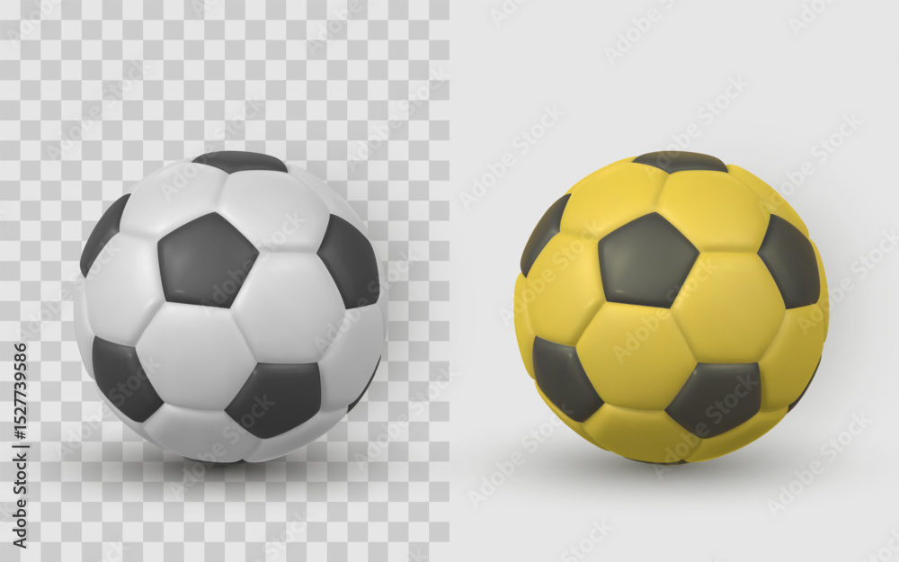 Soccer Ball Realistic 3D Icon Set – Classic Black White and Yellow Variants on Transparent and White Background. Perfect for Sports Design. Vector Illustration