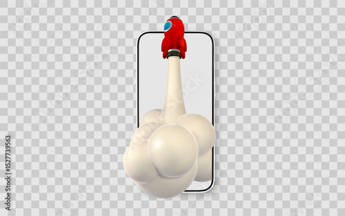 Rocket Launching From Smartphone Screen With Smoke Trail, Symbolizing Mobile App Startup, Innovation, And Fast Technology Growth. 3D Cartoon Style Vector Illustration