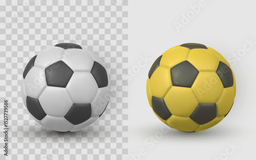 Soccer Ball Realistic 3D Icon Set – Classic Black White and Yellow Variants on Transparent and White Background. Perfect for Sports Design. Vector Illustration