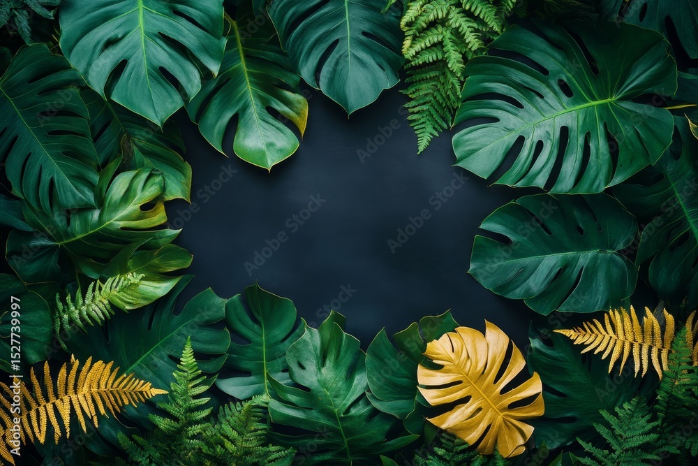 Naklejka premium Golden monstera and fern leaves arranged on a black background, forming an elegant and natural frame, Generative AI
