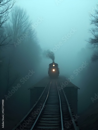 Ghost train emerges from mist across a dilapidated spectral railway bridge 