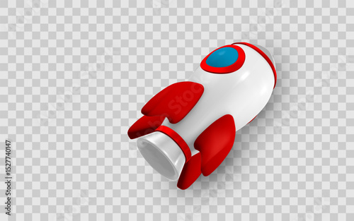 Cartoon Rocket Icon With Red Fins and Blue Window on Transparent Background, 3D Style for Game or App Design, Isolated Object. Vector Illustration