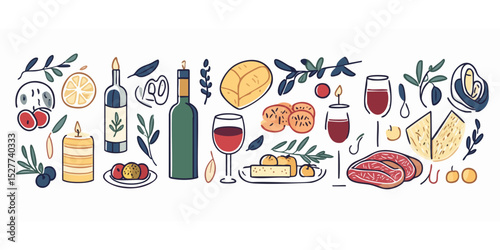 An assortment of food and drink items, including wine, cheese, bread, olives, fruit, and meat, all in a hand-drawn style