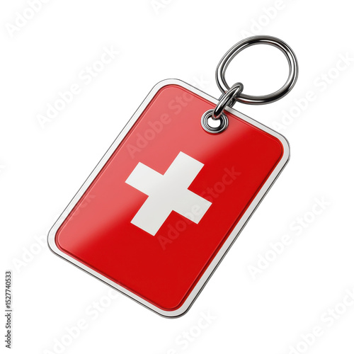 Switzerland Flag Souvenir Keychain Glossy Red Silver Tourism Travel on transparent background