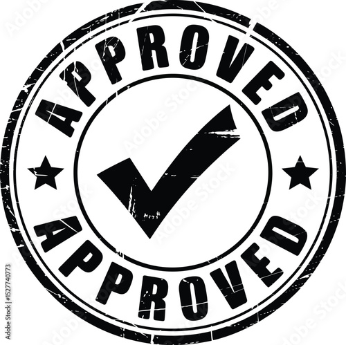 Distressed Black Approved Stamp with Checkmark and Stars Isolated on White Background