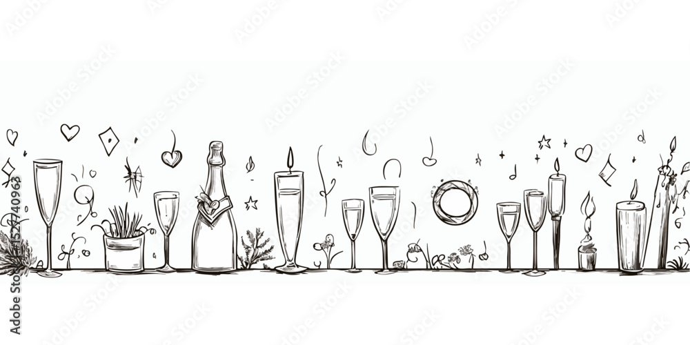Naklejka premium Hand-drawn celebration scene with champagne, glasses, candles, and decorations